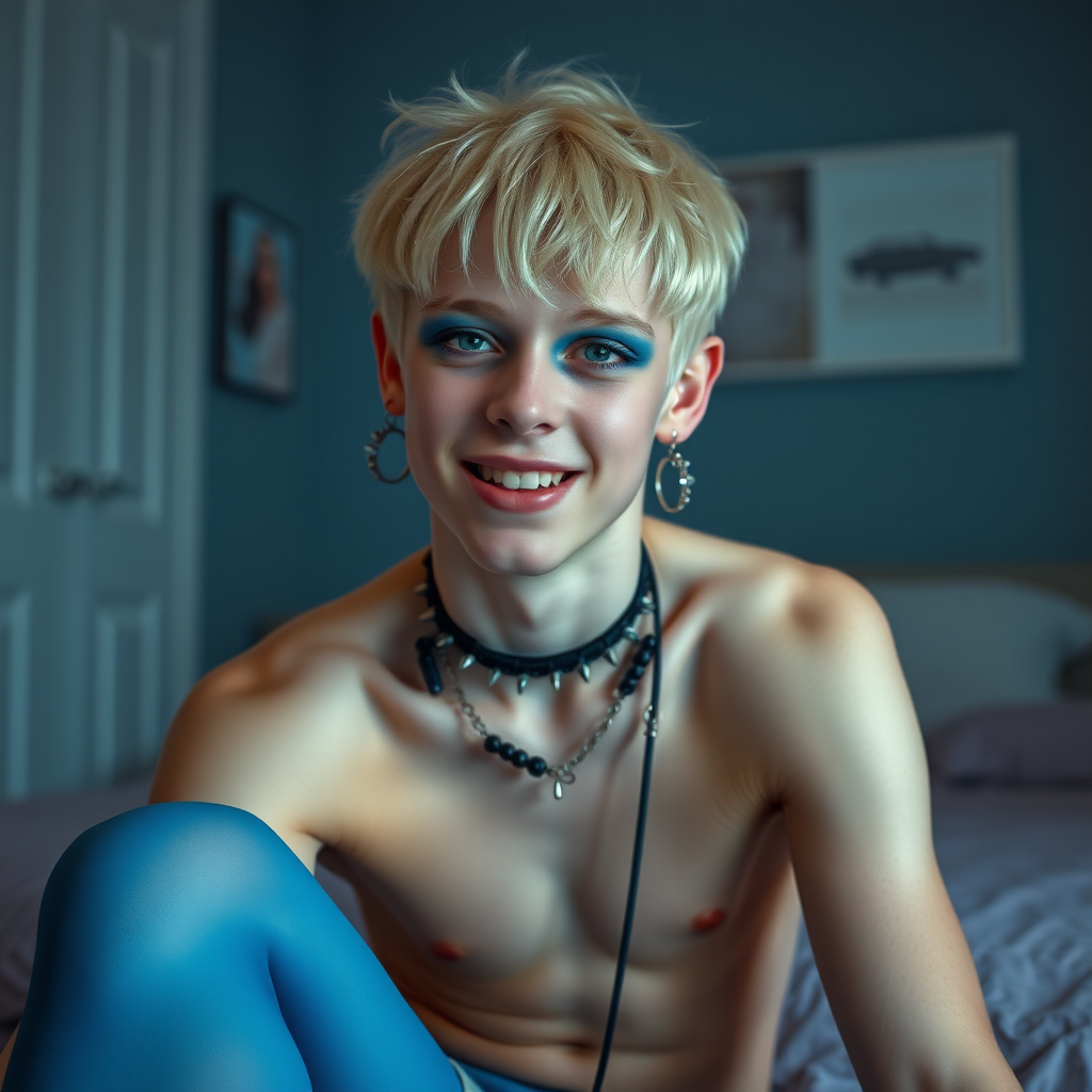 photorealistic, ultra high resolution, 16K, surreal fantasy, studio lighting, a pretty 14 year old goth male, slim male physique, short blonde hair, goth makeup, earrings, glossy blue pantyhose, white ballet shoes, spiky neck collar and leash, in the bedroom, excited smile, facing the camera.