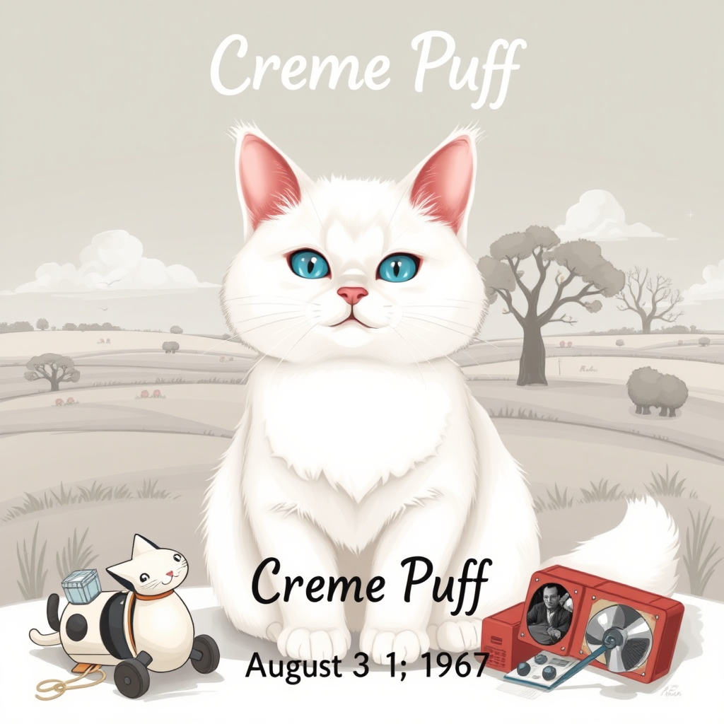 Create an illustration of a cat named Creme Puff, born on August 3, 1967, in Texas, United States. Depict Creme Puff with soft white fur and shining blue eyes, surrounded by a typical Texas landscape, such as open fields and trees. Add nostalgic elements like vintage cat toys or black-and-white photos to evoke the past. The illustration should capture Creme Puff's cheerful and loving personality, along with the spirit of the era reflecting the year 1967.