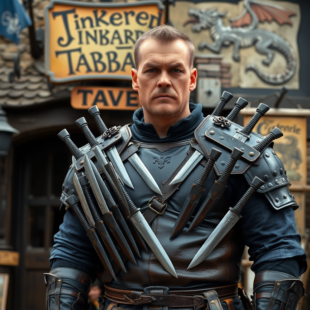 A strong, serious looking man with leather armor and many throwing knives on it standing in front of a medieval tavern with a sign on the front that says "Tinkered Tabbard Tavern". The sign also has a drawing of a dragon on it.