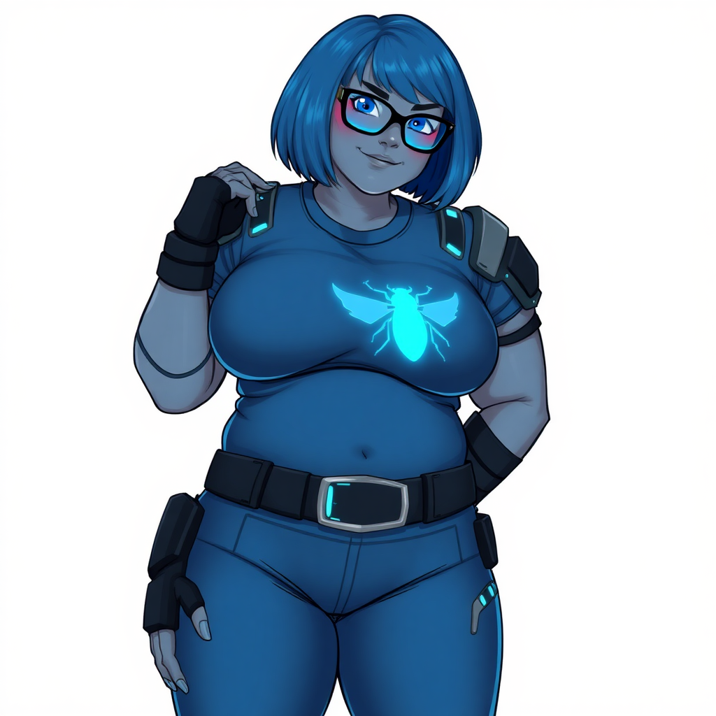 A 28-year-old, full-figured, middle gray skinned computer program hybrid with a maximum blue bob cut. She has a non-athletic build, highlighted by a prominent, round, large midsection (with heavy emphasis on her large belly). As the full-figured digital sidekick to her cyberpunk vigilante boyfriend, her middle gray metallic skin and maximum blue lipstick emphasize her digital nature. She wears a digital, computerized costume inspired by DC’s Carrie Kelly Robin, consisting of a huge, tight-fitting, maximum blue t-shirt with a neon blue glowing chest icon of a beetle, hi-tech shoulder pads with neon blue accents, a black hi-tech belt with a digital neon blue glowing buckle, digital maximum blue pants with neon blue accents, and black hi-tech fingerless biker gloves with neon blue glowing accents. Her bright blue eyes, black eyeglasses with a neon glowing blue lenses with built-in HUD, and shy smile with neon red blush accentuate her nerdiness. She stands bashfully with one hand behind her back and the other hand gently touching her cheek, her costume covering all her skin and emphasizing her full-figured physique (especially her belly). She is clearly non-athletic, with a heavy focus on her large belly. Despite her build, she radiates beauty. She has a slim face compared to her physique, accentuating her radiant beauty. She is on a solid white background. She is drawn as if she were in a retro 2D cyberpunk fighting game.