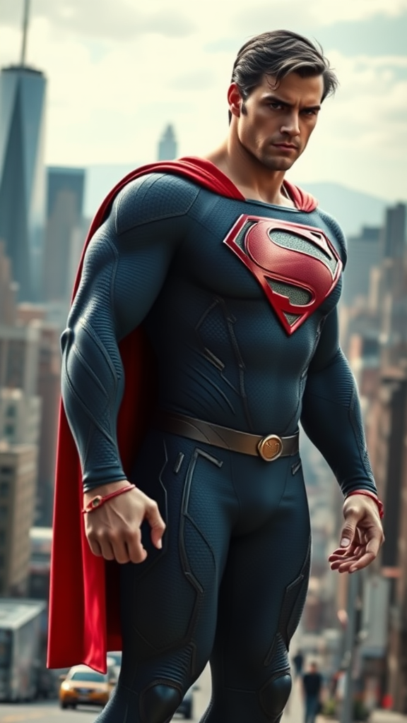 Generate photorealistic full-body image of Superman but reimagine him having Elastigirl's female physique, retaining Superman's head. Adapt iconic costume to fit new form. Set against a blended cityscape inspired by Metropolis' urban skyscrapers and Elastigirl's suburban Parr hometown.