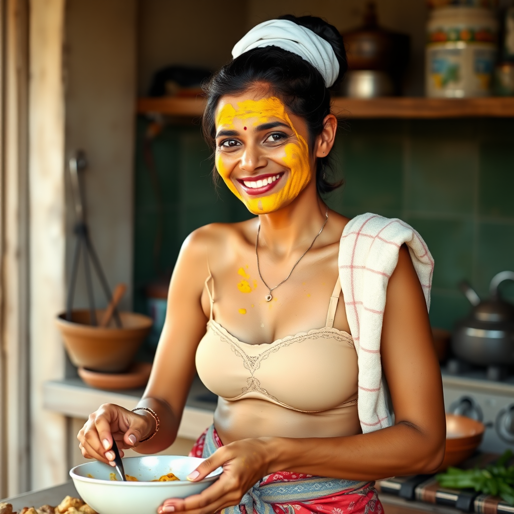 A skinny, happy, 30 year old, traditional Indian wife with a covered hair bun, wearing a bra, skirt and a short towel on her shoulder. She is preparing food in the kitchen. Her face is covered with turmeric face mask.