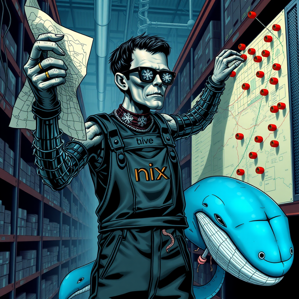 a cyberpunk frankenstein holding a big map in one hand and reaching for marker pins on a high board in a data warehouse, his arms are made of pythons. In the background are streams of data. His Overall reads "nix". He wears glasses in shape of snowflakes. he stands in front of a puzzled blue whale with intestines coming out.