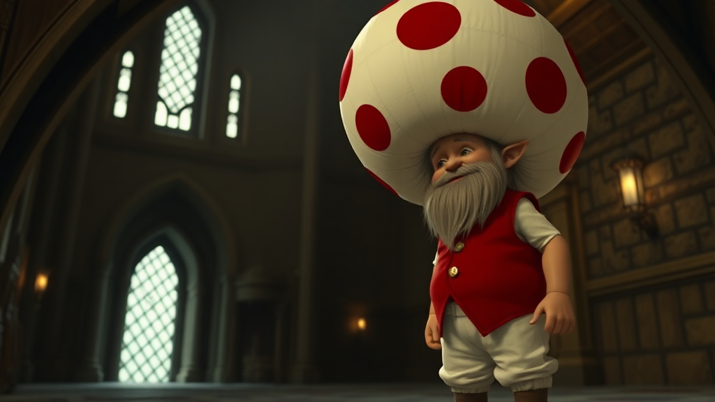 Interior. Dimly lit castle. A dwarf with white pants, red vest, and very large spherical hat that is white with large red spots.