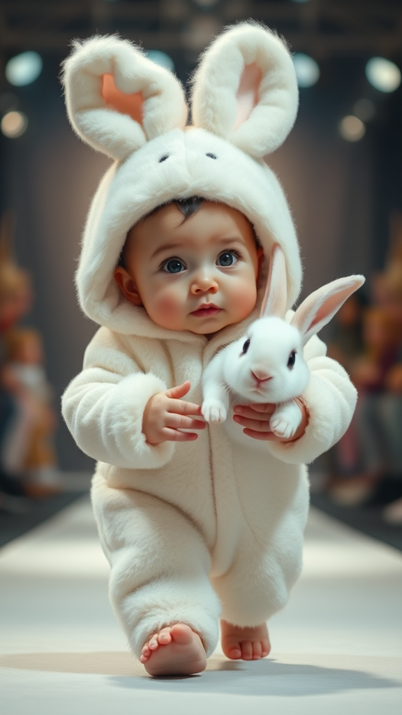 A cute small chubby fair baby with big eyes, pink lips, and pink cheeks, wearing a furry cozy white rabbit costume, is doing a ramp walk in a fashion show, walking with a real big white rabbit held in their hands. Cinematic.