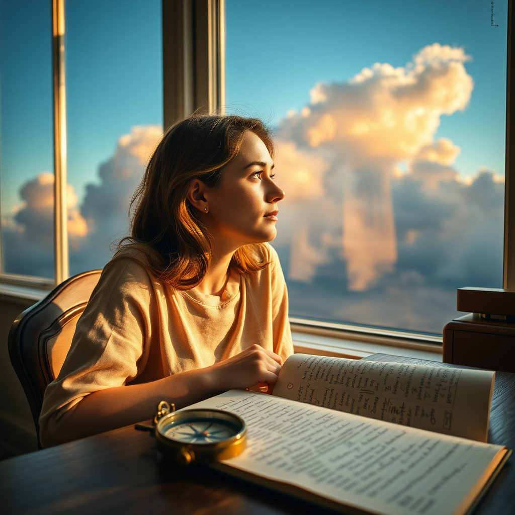 A close-up shot taken with a Canon EOS R5 using a 50mm f/1.8 lens captures a serene and contemplative woman in her late twenties. She sits at a vintage wooden desk, her gaze fixed thoughtfully out of a large window as the soft light of the late afternoon sun bathes her face in warm, golden hues. Behind her, abstract clouds in shades of blue and orange swirl, symbolizing the swift passage of time. On the desk, a beautifully crafted compass and an open journal filled with handwritten notes and sketches rest, evoking the idea of navigating time with purpose. The overall atmosphere is peaceful,