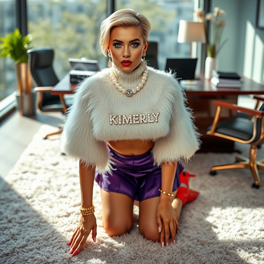 Sunny spring morning, modern glass-steel-concrete office, kneeling on fluffy carpet in front of CEO’s desk: Kimberly, 19 years old very convincing femboy “trophy-bimbo”, tamed servile docile, very beautiful feminine flawless face, rather short, by hormones very curvaceous womanly figured, platinum blond short tight curls, bold red lips, long white French nails, heavily made-up face, wearing Supertanya-style fluffy very fuzzy bright white angora turtleneck-poncho cropped ending under bust decorated with pearls and glass stones, purple vinyl pleated mini-skirt, bright red pumps with golden very high heels, white pearl belly piercing, large pearl earrings, striking diamond “KIMBERLY” letter brooch on left chest, thick heavy pearl wristlets, pearl anklets, pout frustrated, leaning forward hands on carpet presenting her assets, looking at camera. Focus on face and turtleneck-poncho.