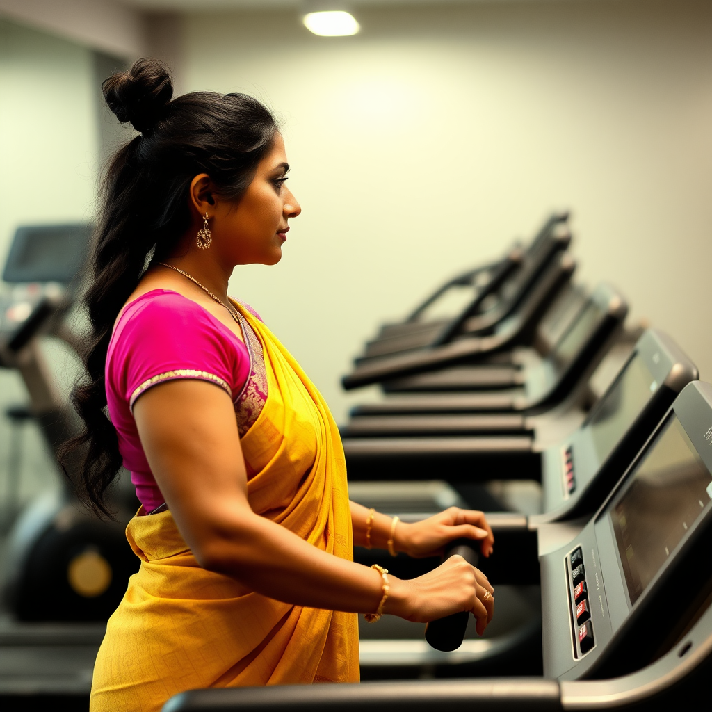 Indian wife, working out on treadmill in gym