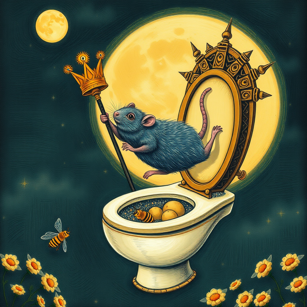 A rat king diving off the moon into a toilet, bees, Mongolian