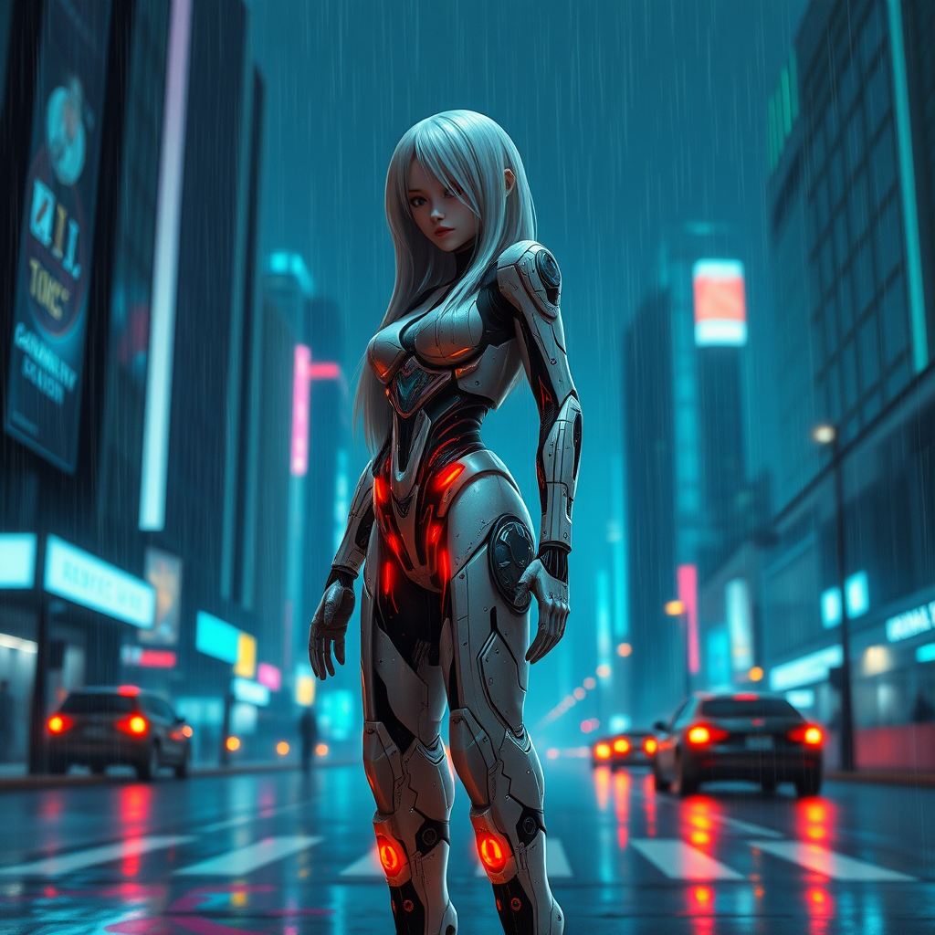 Create a photograph of a cyborg with the following characteristics.  
Cyborg design: Female gender. Standing. Long hair on head.  
Scene: Futuristic. Cityscape. Neon lighting. Night time. Heavy rain.  
Composition: Cyborg in foreground. The cyborg is facing forwards. Full view of cyborg, from head to feet. City in the background.