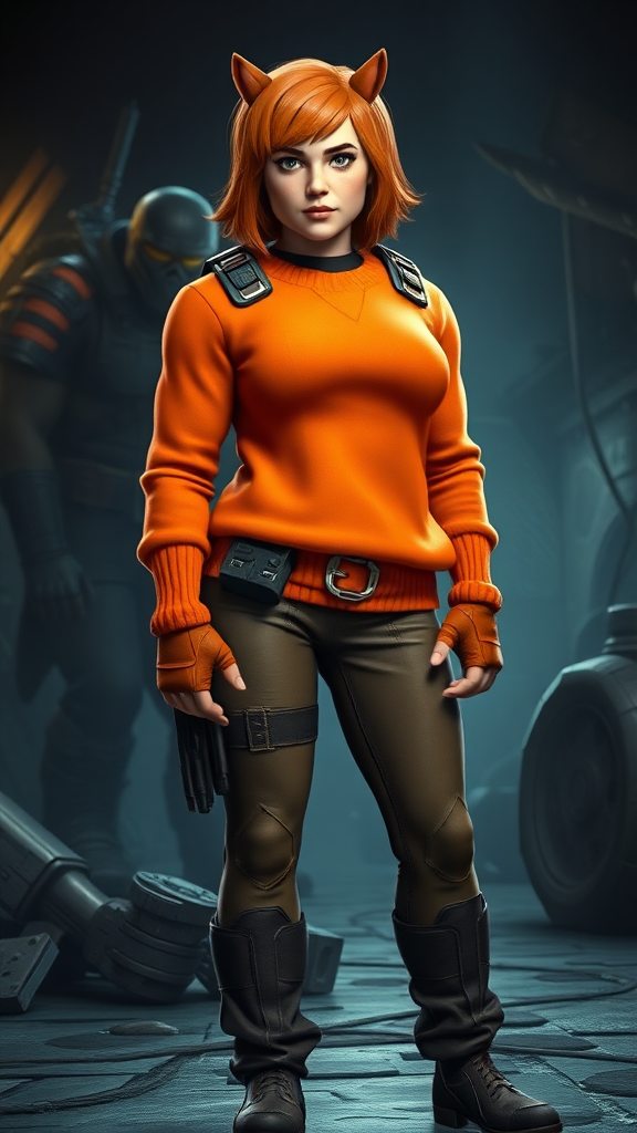 A full-length image of Velma Dinkley's character and personality embodied within the muscular physique and proportions of Marcus Fenix, maintaining Velma's distinct hairstyle, facial features, and iconic orange sweater, adjusting the costume to complement the new masculine form. The background should incorporate visual elements and aesthetics from both the Scooby-Doo and Gears of War franchises, creating a cohesive and visually striking composition.