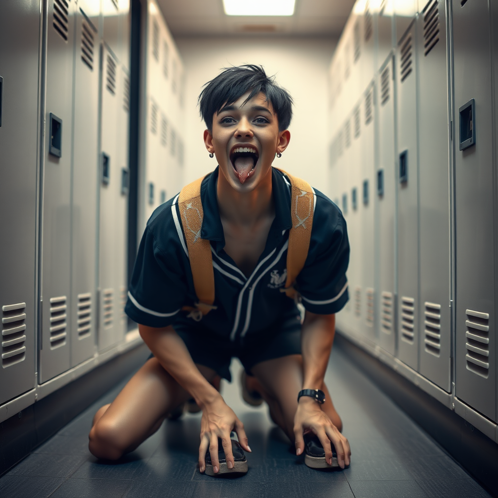 photorealistic, ultra high resolution, 16K, surreal fantasy, soft studio lighting, a pretty 17 year old goth male, slim male physique, short dark hair, blue eyes, goth makeup, earrings, sheer pantyhose, UK girls-school uniform, Mary-Jane shoes, kneeling on the floor of the locker room looking up at the camera, excited open mouth smile, drooling saliva, facing the camera.