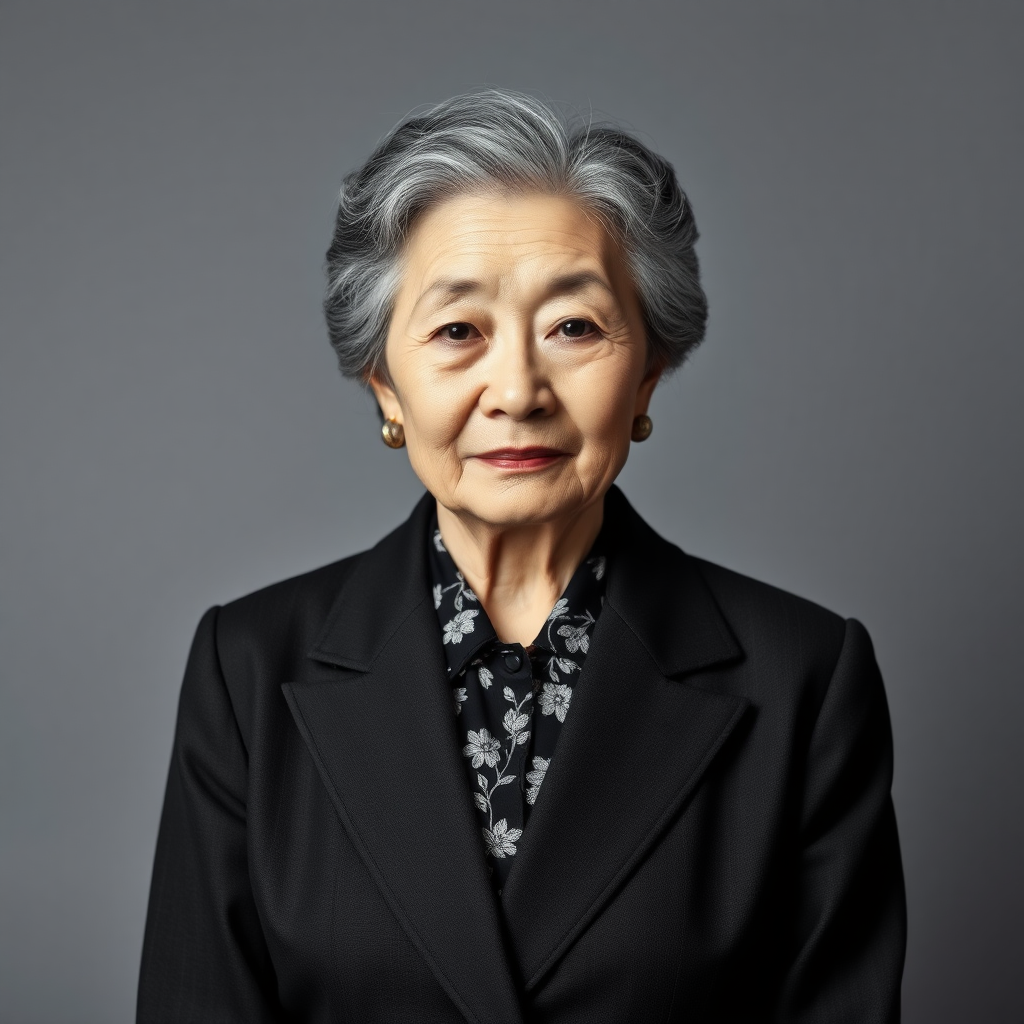 80 age old korean woman, front, woman suit, photo studio background, black and white hair,