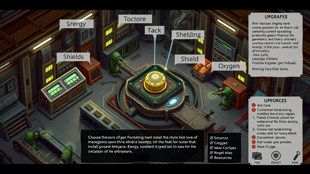 An isometric view of the arc's engineering bay, where players can install upgrades or perform critical repairs on the arc. The room is filled with intricate machinery, robotic arms repairing various damaged sections, and NPC workers tinkering with control panels. The arc’s main engine core is visible in the center of the room, glowing with energy, while smaller areas are dedicated to power management, shield generators, and oxygen systems. The player is prompted to choose upgrades, represented as tech trees in the UI, enhancing speed, shields, or energy efficiency. Occasionally, alarms sound as new damage occurs from external threats, requiring immediate attention. Resources for repairs are displayed in the corner, showing what can be used to fix critical systems.