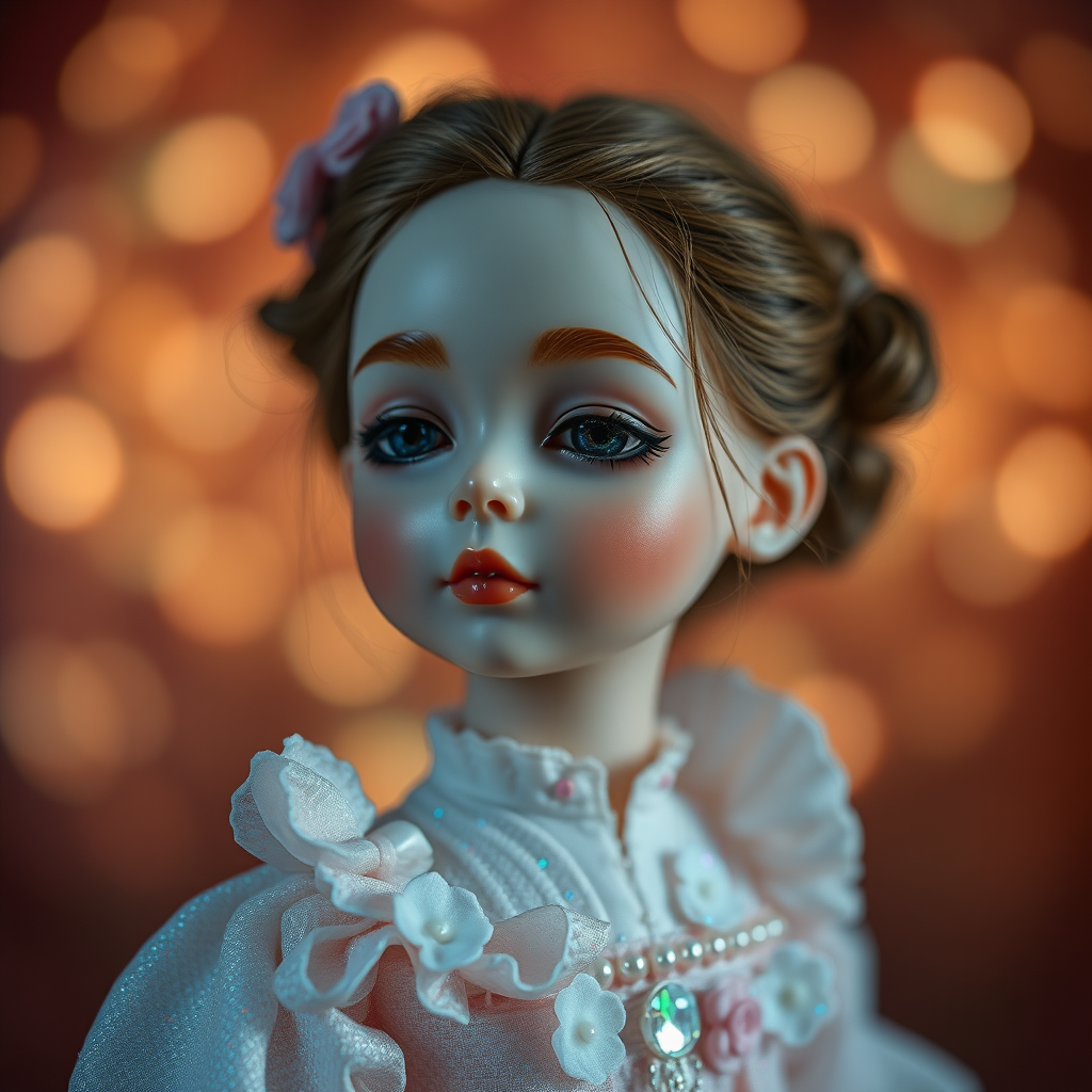 preteen artists doll, full body, bisque porcelain doll, genuine collectors doll, dreaming, Bokeh, abstract, brilliant colors, glittering, translucent, mother of pearl, opal, iridescent, natural skin, glowing, artistic photo, wide angle, cute, interesting, Victorian dress, wuxia movie