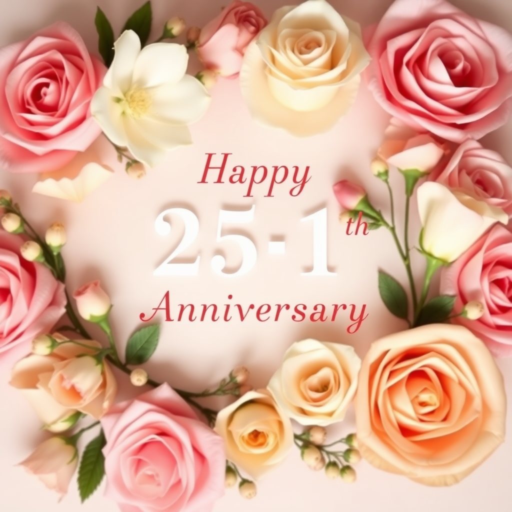 Create a soft, elegant image for a 24th wedding anniversary with a subtle 25-1 motif, blending celebration and love. Include delicate flowers, such as roses or lilies, arranged around a message that reads: "Happy 25-1th Wedding Anniversary". Incorporate soft pastel colors like pinks, creams, and whites. The overall vibe should be warm, romantic, and joyous, capturing the essence of love and commitment over the years. the text needs to be exact.