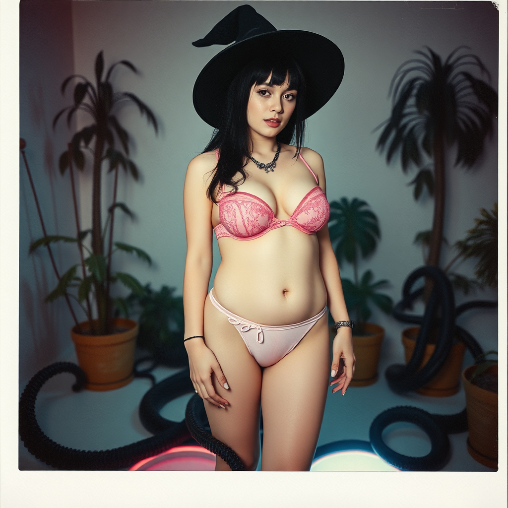 An old polaroid photo with a color tint to the photograph and visible light leaks. The photo depicts a sexy alt goth girl with pale skin and black hair. She has a plump booty. She has large breasts with ample cleavage and she is wearing a skimpy thong. The fabric of her thong is skimpy and pink and white and barely covers her and her bra is translucent and pink and white. She is in a photography studio with artistic lighting and plants are all around her. She is wearing a witch hat. She is restrained by black tentacles coming out of magic portals on the floor.