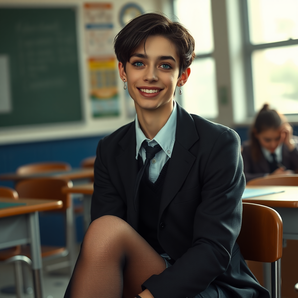 photorealistic, ultra high resolution, 16K, surreal fantasy, soft studio lighting, a pretty 17 year old goth male, slim male physique, short dark hair, blue eyes, goth makeup, earrings, sheer pantyhose, UK girls-school uniform, Mary-Jane shoes, sitting in the classroom, excited smile, facing the camera.