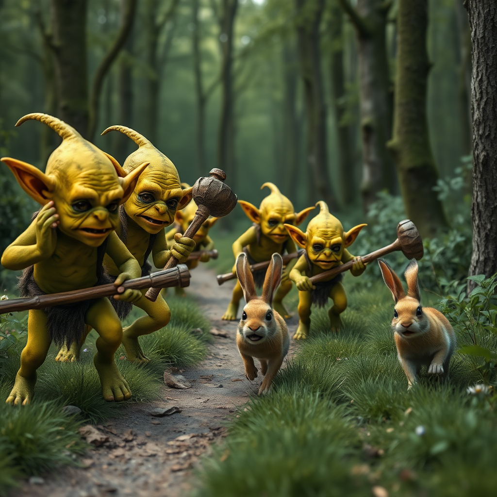 A realistic picture of several greenish yellow goblins of different sizes and looks with wooden clubs in one hand looking at and chasing after a fleeing bunny along a forest path