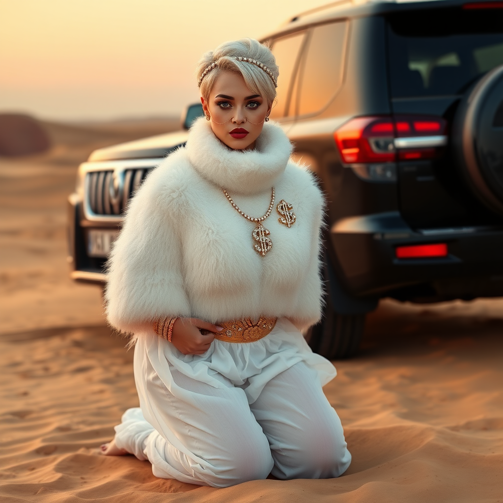 Kuwait desert dunes misty dawn, full size luxury SUV: Melissa, European 17 years old very convincing femboy “trophy-bimbo”, tamed servile docile, very beautiful feminine flawless face, rather short, by hormones very curvaceous womanly figured, platinum blond short tight curls, bold red lips, heavily made-up face, wearing Supertanya-style fluffy very fuzzy bright white angora turtleneck-poncho cropped ending under bust decorated with pearls and gemstones, striking oriental wide gold bridal protection belt, white fully transparent harem pants, full Oriental bridal jewelry including headpiece, nose-ring, coin anklets, striking diamond “$$$” letter brooch on left chest, pout frustrated, hands tied behind back, kneeling in sand in front of SUV, looking at camera. Focus on face and turtleneck-poncho.