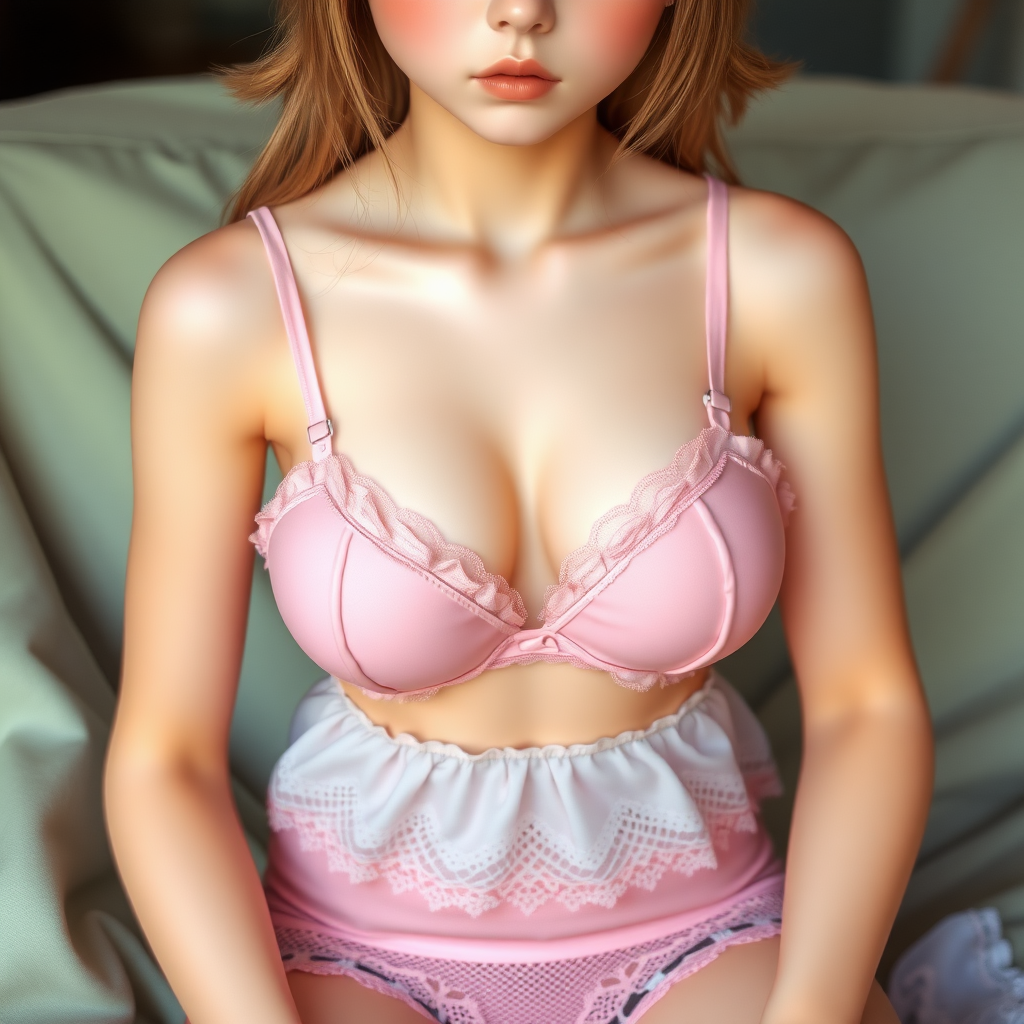 1girl, solo, perfect face, look at viewer, sitting, photorealistic realistic, babydoll, bare arms, bare shoulders, collarbone, cleavage, large breasts, bra, strap slip, frills, underwear, pink bra, navel, pink panties, frilled panties, lace trim, see-through, masterpiece, best quality, highly detailed,