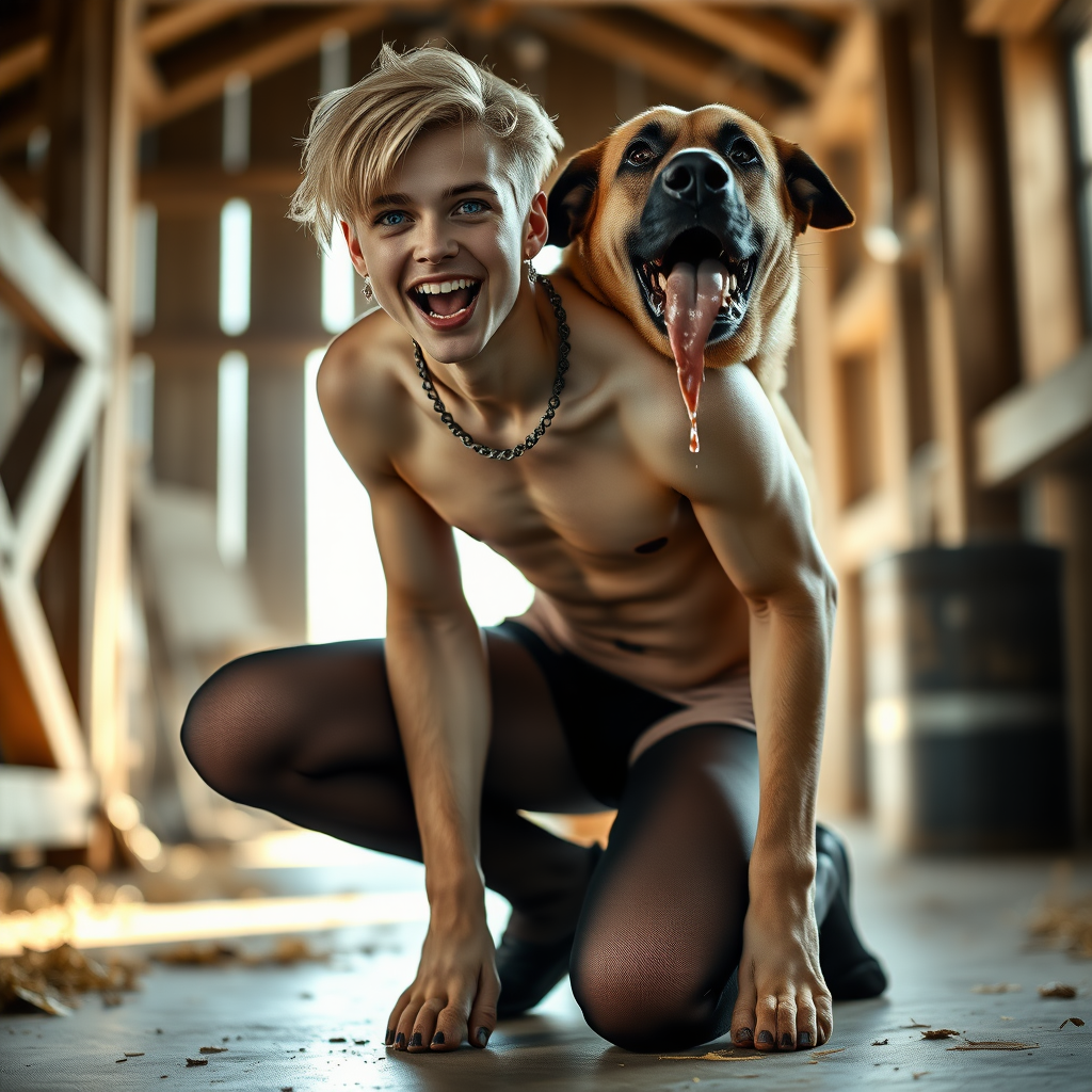 photorealistic, ultra high resolution, 16K, surreal fantasy, soft studio lighting, Caleb Swift is a pretty 16 year old goth male, slim male physique, blonde hair, blue eyes, goth makeup, earrings, sheer black pantyhose, spikey neck collar with chain, kneeling and leaning forward on the floor of the barn while his large dog rests its front legs on Caleb's back, during daytime, excited open mouth smile, small black ball-gag, drooling a stream of saliva from his mouth, bulging crotch, facing the camera.