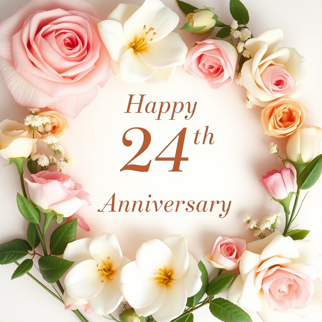 Create a soft, elegant image for a 24th wedding anniversary with a subtle 25-1 motif, blending celebration and love. Include delicate flowers, such as roses or lilies, arranged around a message that reads: "Happy 24th Wedding Anniversary". Incorporate soft pastel colors like pinks, creams, and whites. The overall vibe should be warm, romantic, and joyous, capturing the essence of love and commitment over the years. the text needs to be exact. do not omit the word "Wedding".