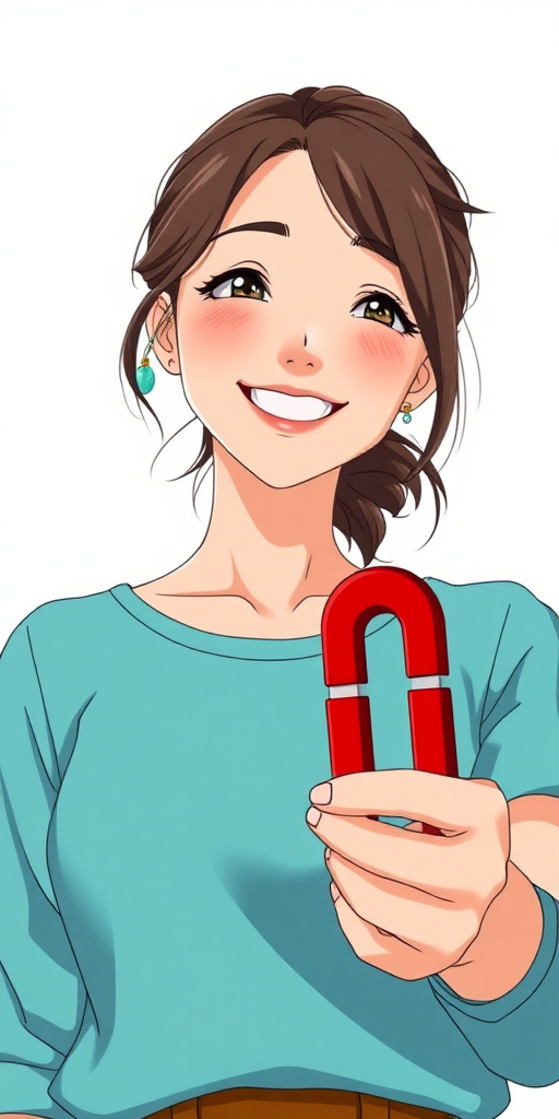 a woman, smiling, holding a magnet, and trying to attract something with it, full-shot, perspective view, anime wallpaper, breathtaking realistic, inspired by John Henry Kingsley, miyazaki's animated film, john stephens, centered, white background.