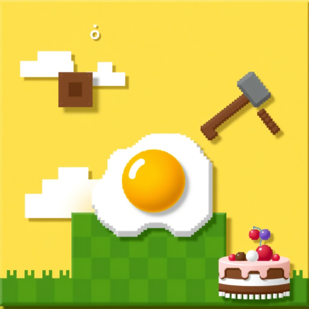 Canvas Setup:

Size: 512x512 pixels  
Background Color: Yellow  
Fried Egg:

Yolk: Yellow circle (50 pixels)  
White: Irregular white shape around the yolk  
Background Elements:

Grass Block: Green squares at the bottom (100x20 pixels)  
Tree: Brown square (40 pixels) and green square (30 pixels) in the top left  
Clouds: White pixel shapes at the top  
Items:

Wooden Axe: Pixel art style in the bottom right  
Cake: Pixel art style in the bottom left  
Finishing Touches:

Adjust colors and add shadows