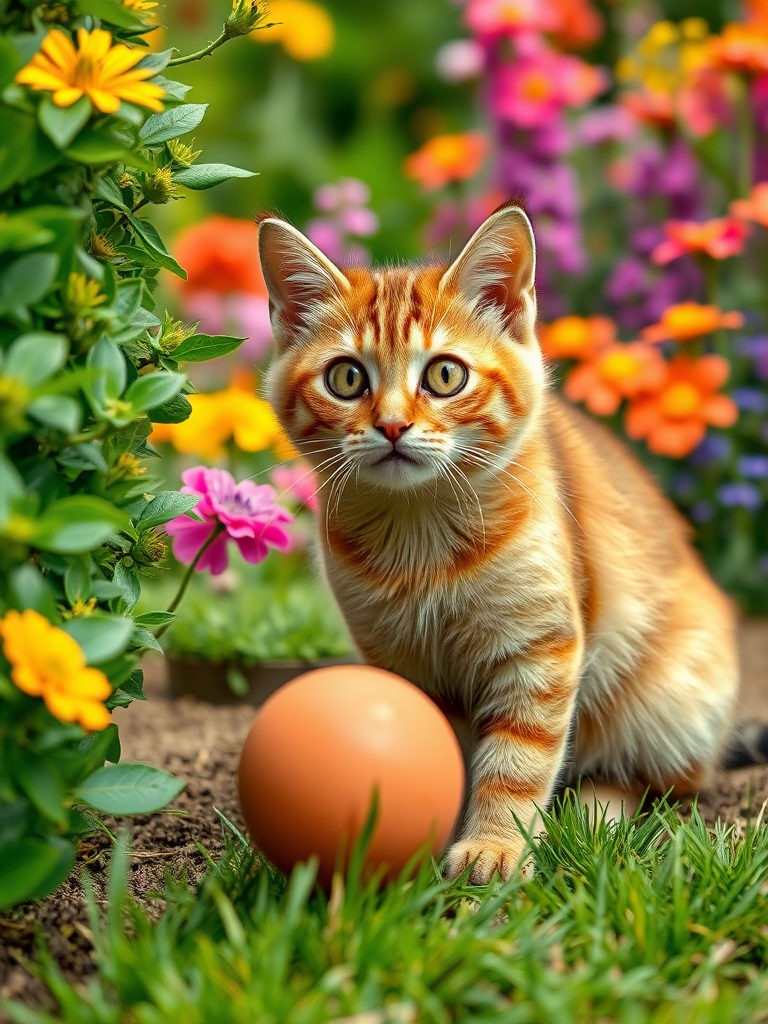 A realistic 4K scene featuring a Brown Cat with a surprised expression as a ball rolls toward a bush. The cat is exclaiming, 'Oh no!' The setting is a colorful garden filled with vibrant flowers and lush greenery, capturing the playful and slightly worried moment.