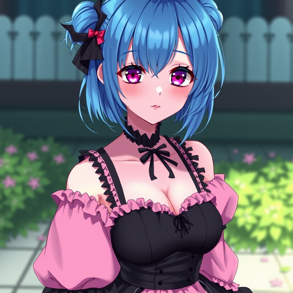 Anime girl with blue hair and magenta eyes that is wearing a pink-black gothic lolita dress. She has big boobs, a small waist and wide hips.