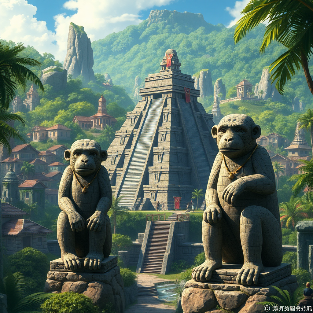 An aesthetically captivating representation of an anime-inspired landscape showcases a vibrant jungle environment, highlighted by a city influenced by ancient Mayan architecture, comprising residences constructed from stone bricks and various stone edifices. Central to the composition is a grand pyramid temple, accompanied by two remarkable stone monkey statues that enhance the visual impact.