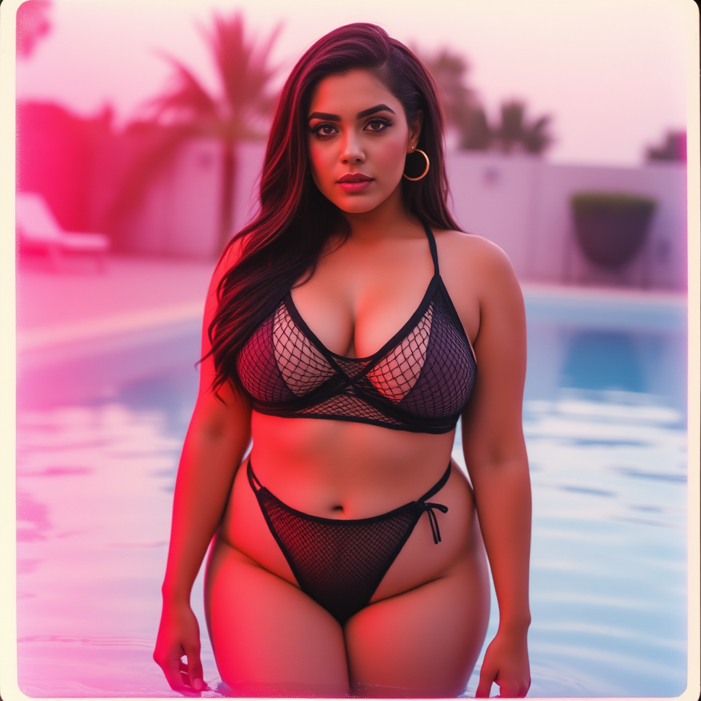 old polaroid photo with heavy vignetting and pink and blue artistic studio lighting color tint and light leak, depicting a sexy curvy thicc arabic girl with eye makeup, wearing a tiny revealing black see thru mesh two piece bikini gstring thong with a small outline of her labia and nipples visible, standing in a pool