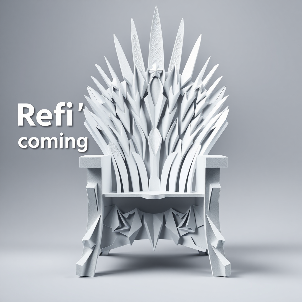 A flyer image of the game of thrones chair made out of white paper. The text in the background says “Refi’s are coming.”

(The refi is for refinancing a home.) Photorealistic and Cinematic camera photography. Masterpiece.