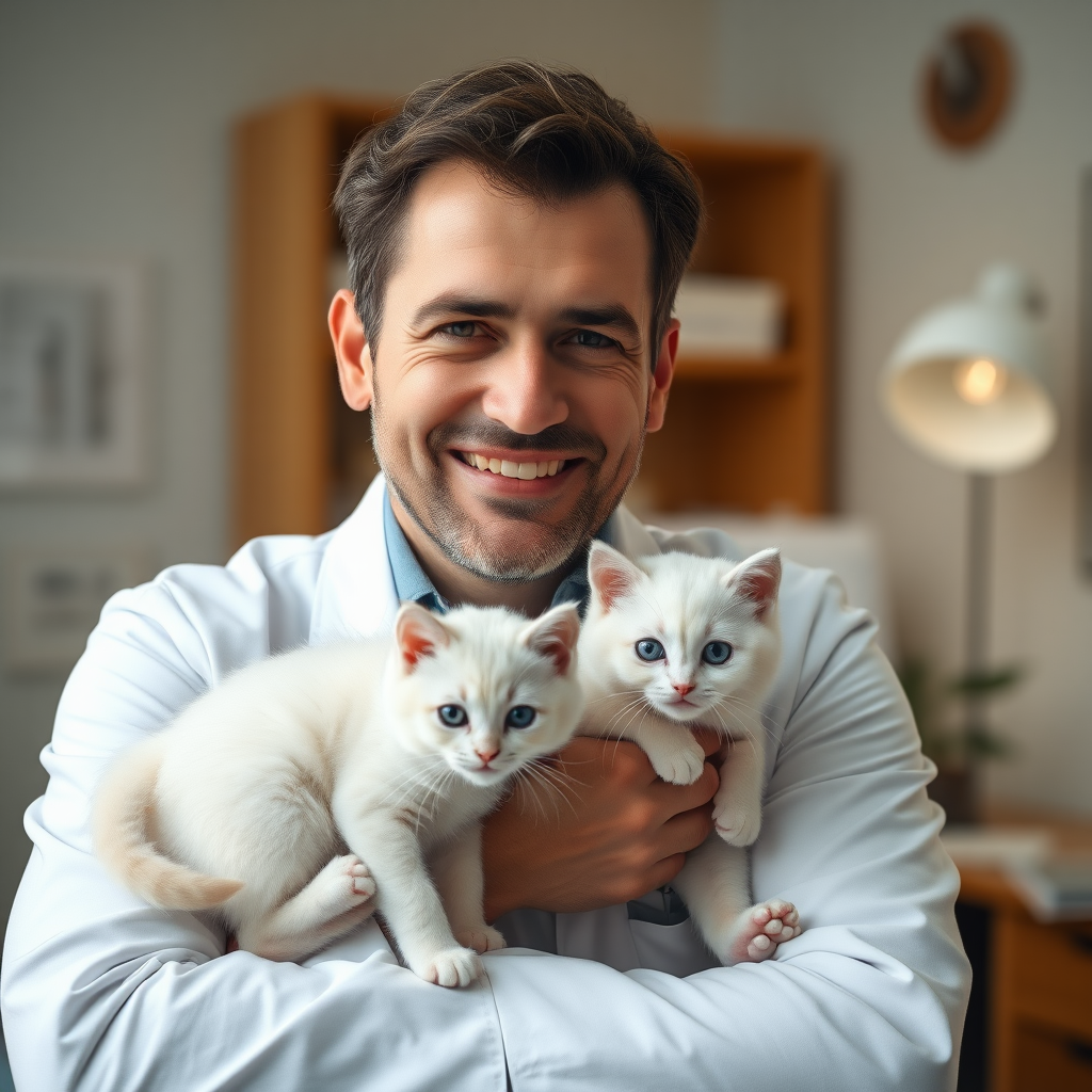 a 57yo handsome swiss doctor, very reliable look,on his studio,nice smile,really professional look,extremely photorealistic image, no rings. there is an handsome insanely cute little white kitten on the doctor's arms,extremely realistic,the doctor's theeth are stunningly clean and white and are simply perfect ,