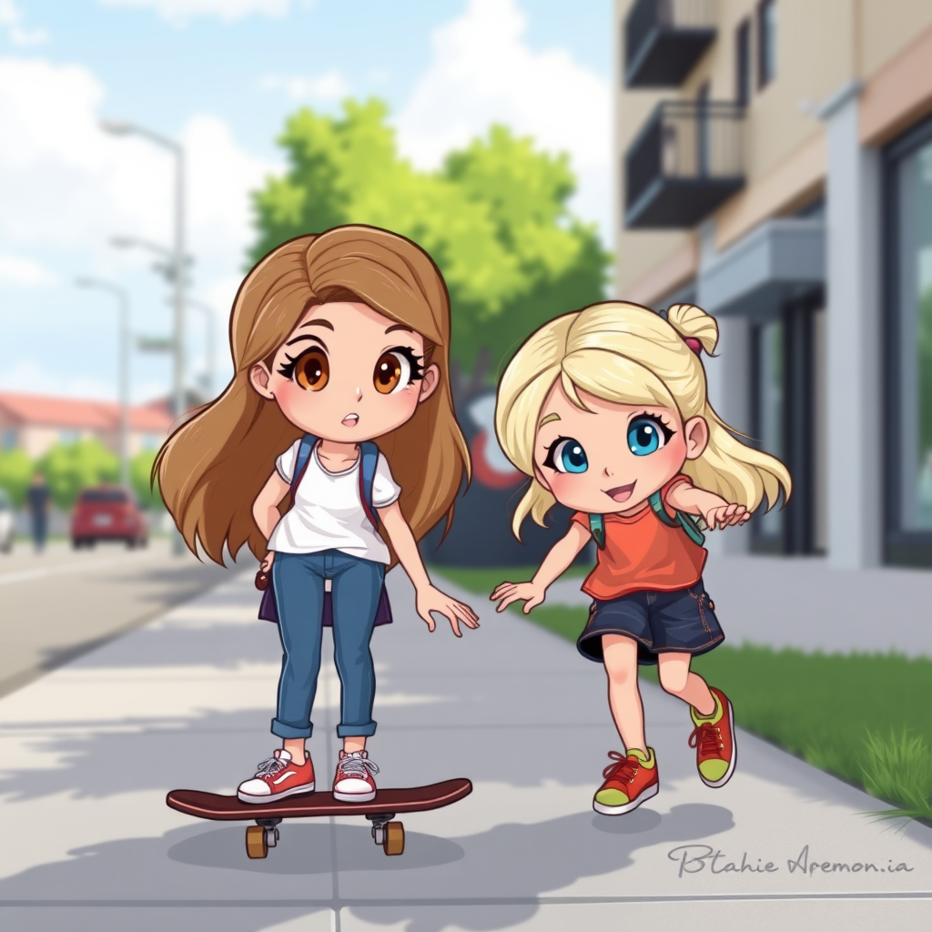 Two cartoon sisters, one a teen with light brown hair and hazel eyes and the other an elementary aged kid with blonde hair and blue eyes, playing with a skateboard on a sidewalk