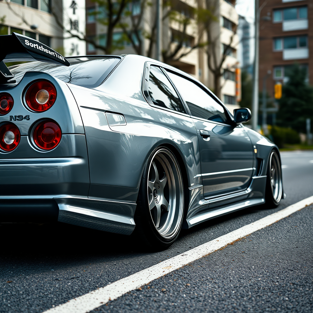 The car is parked on the side of the road, inspired by Taiyō Matsumoto, tumblr, restomod, nd4, c4 metallic shine gray black nissan skyline r34 tokyo arkaplan hatasız tam eksiksiz ayrıntılı genel gerçek detaylar en iyi fotoğraf poz sinematik hafif yağış su damlalar ıslak yol need for speed tarzı body kit