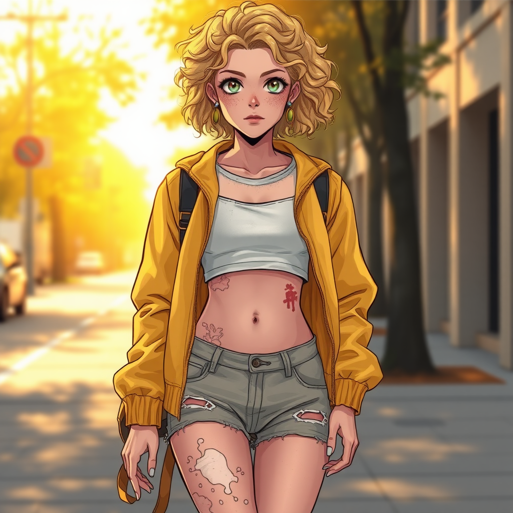 Realistic drawing style image, Extremely good quality 8k resolution drawn manga image of a 15 year old petite and short tomboy girl with golden blonde curly hair with mixed and different colored eyes for each eye and moles on her entire body and is a white American girl, Has on a Gold Jacket over a white extremely short crop top only covering her breasts and nothing more with a design on it, and has on ripped shorts and cool looking sneakers and a deep and big knife cut wound on her stomach from a huge injury she had, with a bright color backpack, ear piercings on, walking on the street to school in the morning with the beautiful sunlight lighting up her body beautifully with no tattoos.