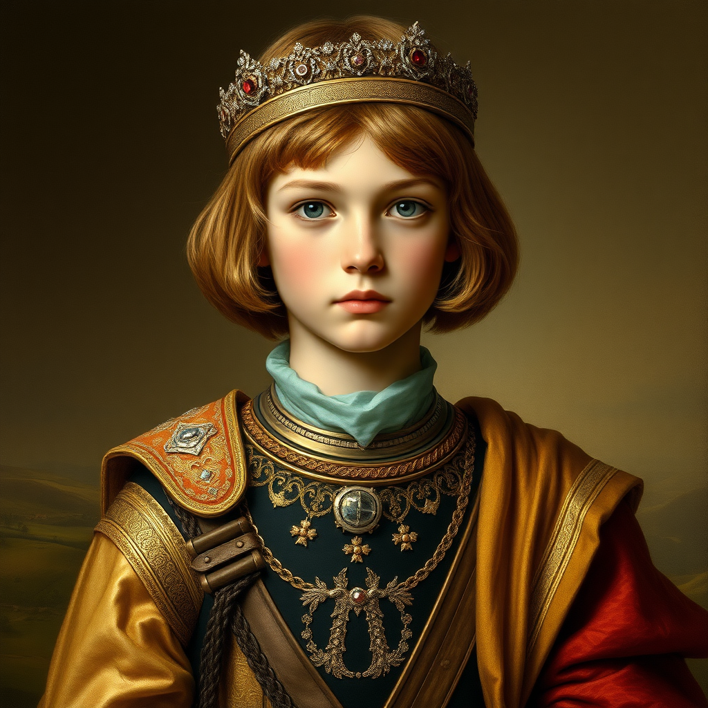 16yo teen boy prince, long bob cut, embroidered with gold and diamonds medieval cloths, diamond diadem, natural Skin Texture, and Beautiful War. Free style by 15% Adolphe William Bouguereau, Academic realism and 5% Sandro Botticelli, early Renaissance and 80% Otto Lomüller, Boy Scout photorealism. The background is in the style of landscape style by Antonio del Polaiolo, Generating the signature at the bottom: Viva FLUX and Bach, ultra high resolution, 16K,