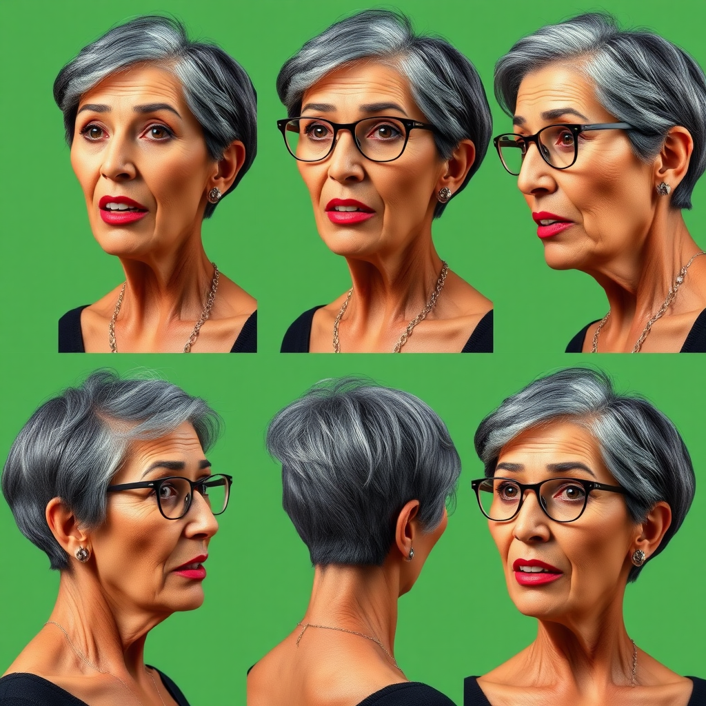 Photorealistic image of six headshots of a 50 Years old, fit, European, Latina, sharp aquiline nose, wrinkles, high cheekbones, Middle Eastern, Skinny, Tanned skin, Dark light skin, full Makeup, jewelry, Sharp nose, exaggerated expression, embarrassed, ashamed, delighted, mouth open, dark grey Ash hair, short bowl haircut, Brown eye color, Glasses, with detailed features. Each photo displays the same face in back, profile and front view, cut out and isolated on a green background. All six heads are visible side by side, empty space around each view, no overlapping.