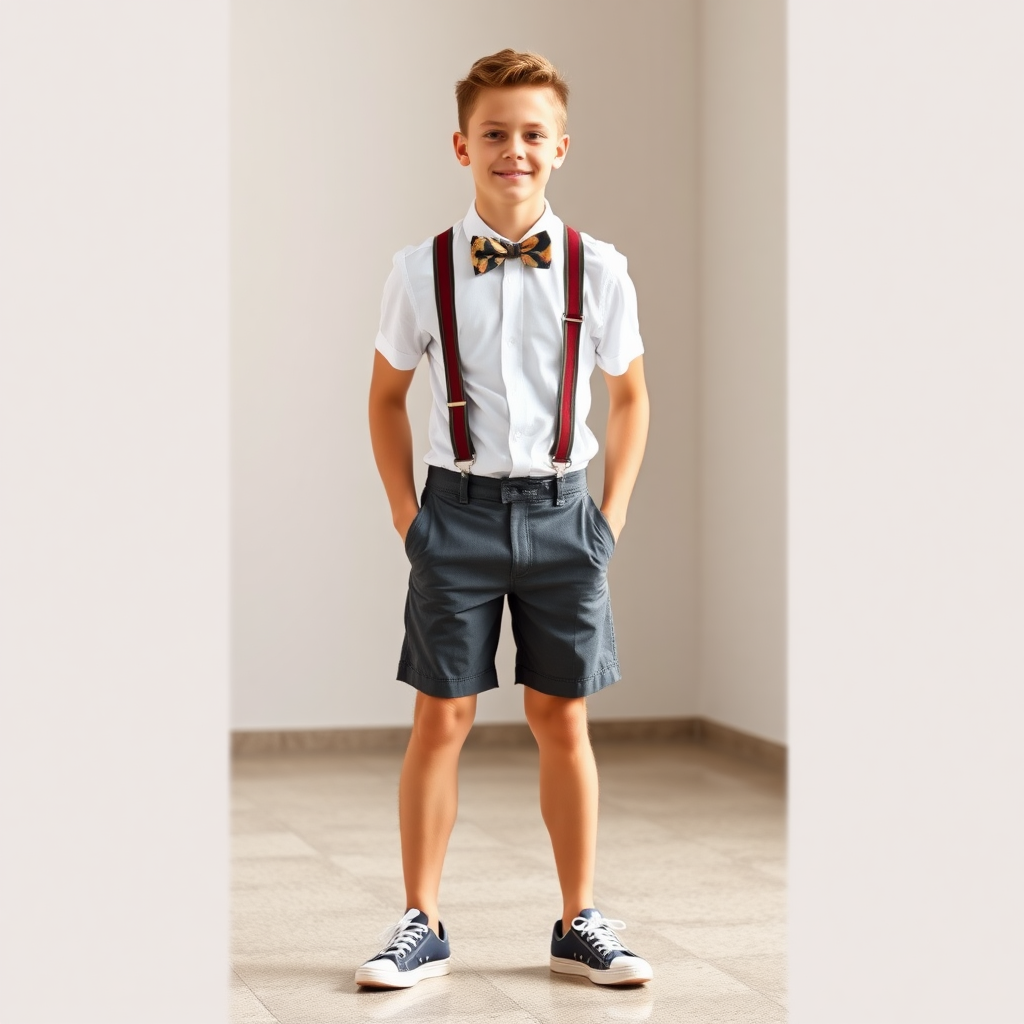 Attractive young guy wearing short shorts with suspenders, bow tie and sneakers