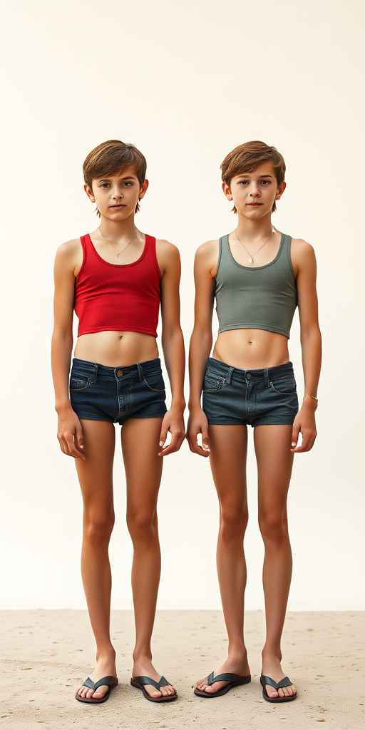 photorealistic, ultra high resolution, 16K, two skinny teen boys wearing crop thin tank top, tight bries, long legs, bare thighs, long hairs bow cut. Full length view. Vintage photo,