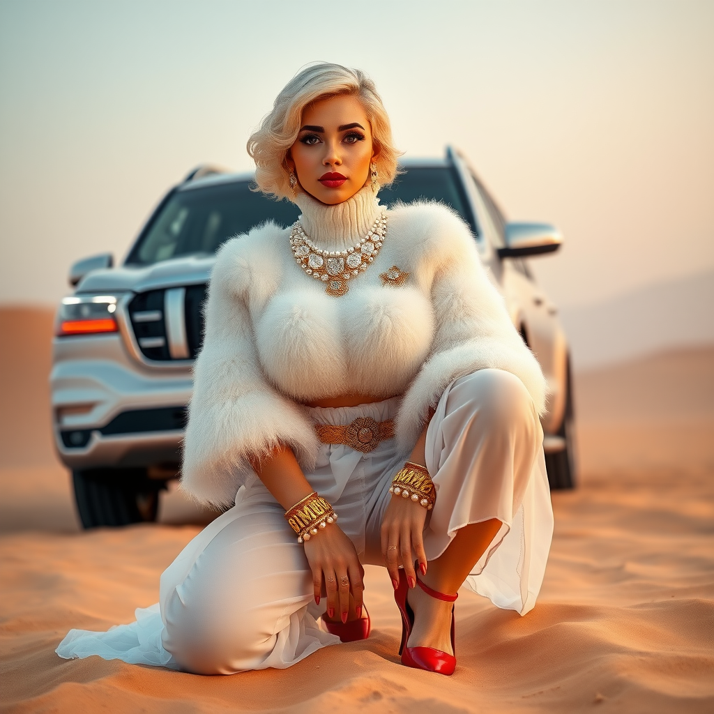 Kuwait desert dunes misty dawn, full size luxury SUV: Melissa, European 17 years old very convincing femboy “trophy-bimbo”, tamed servile docile, very beautiful feminine flawless face, rather short, by hormones very curvaceous womanly figured, platinum blond short tight curls, bold red lips, long white French nails, heavily made-up face, wearing Supertanya-style fluffy very fuzzy bright white angora turtleneck-poncho cropped ending under bust decorated with pearls and glass stones, striking oriental wide gold bridal protection belt, white fully transparent harem pants, bright red pumps with golden very high heels, full Oriental bridal jewelry including headpiece, nose-ring, coin wristlets, coin anklets, striking diamond “Bimbo” letter brooch on left chest, thick heavy pearl wristlets, pearl anklets, pout frustrated, kneeling in sand in front of SUV, looking at camera. Focus on face and turtleneck-poncho.