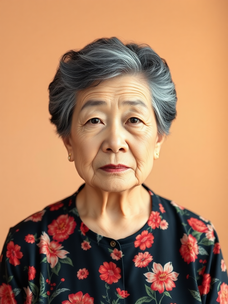 80-year-old Korean woman, front, flower shirt, photo studio background, short permed hair, black and white hair.