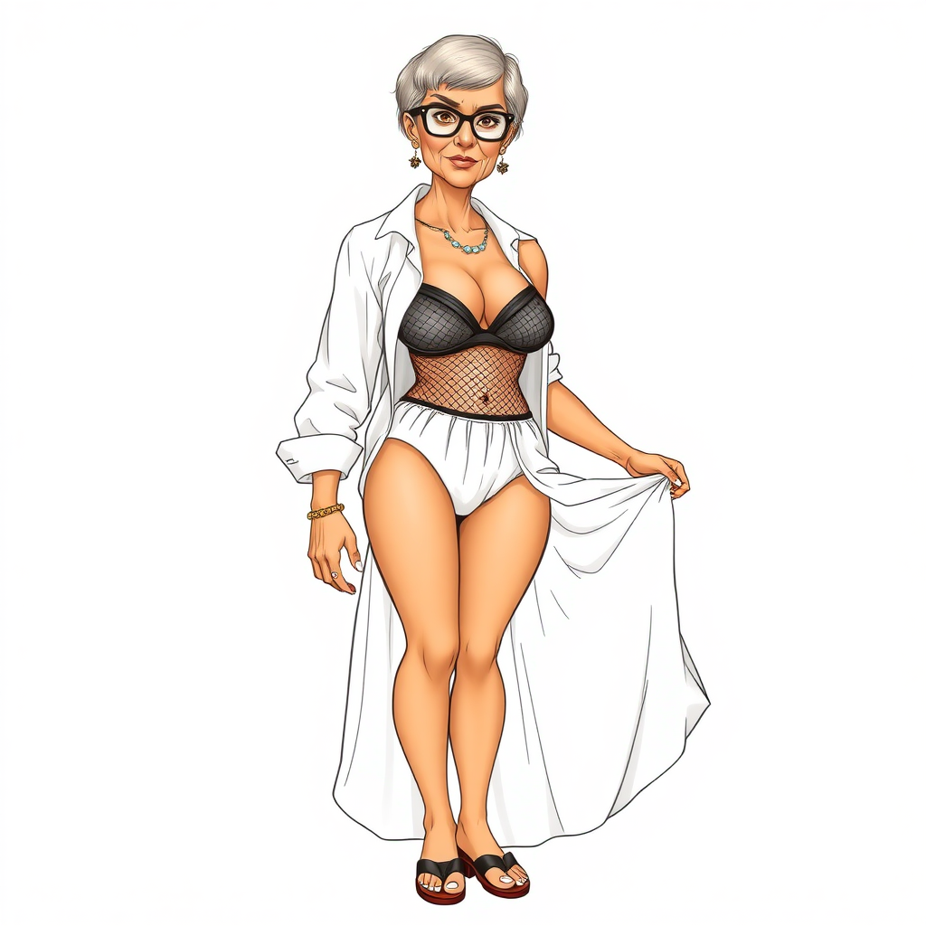 a towering 55 Years old, fit, slim, European, Latina, sharp aquiline nose, wrinkles, high cheekbones, Middle Eastern, Skinny, Tanned skin, Dark light skin, Rounded Medium breasts, Skinny thighs, full Makeup, jewelry, Serious face, Sharp nose, Ash hair, short bowl haircut, Brown eye color, Glasses, with detailed features. she is wearing an open white shirt, a black mesh balconette bras and a tight white high cut 1980s mesh cut out swimsuit and fully transparent white linen slit open pleated mini skirt, detailed fabric, detailed fabric. full body, high heels sandals, rolling up her skirt over her thighs, she is inviting the viewer to get closer, long establishing shot, 2D, caricature, cartoon, Sketch lines, coloring book, coloring book style on white background, well composed, clean coloring book page, No dither, no gradient, strong outline, No fill, No solids, vector illustration, realistic proportions