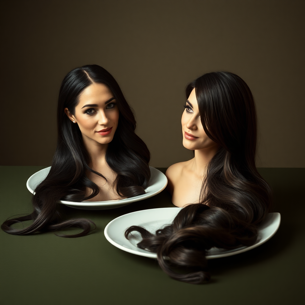 Surreal image of the disembodied heads of very long haired Meghan Markle and Kate Middleton served on plates.