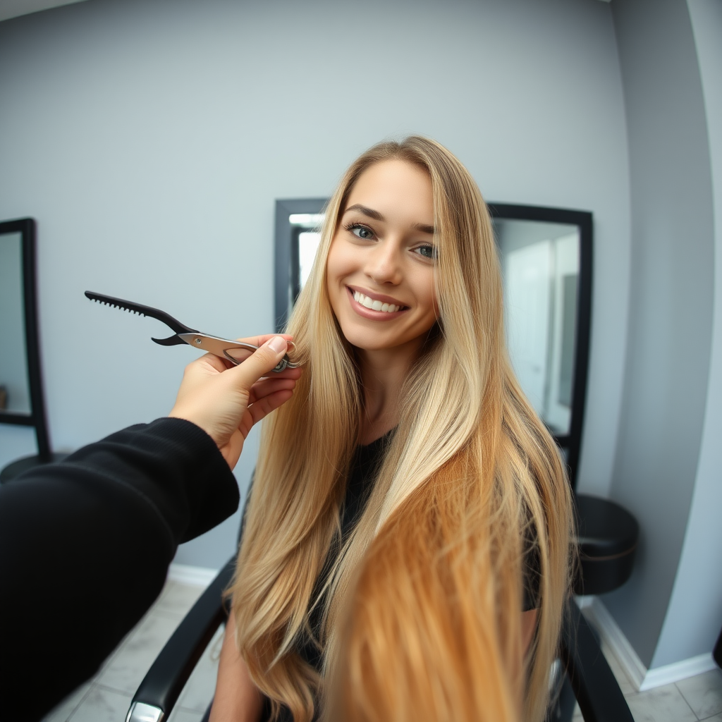 POV, beautiful very long haired blonde woman sitting in a hair salon smiling at the camera while I reach out from behind the camera to trim her very long hair. Plain gray background.