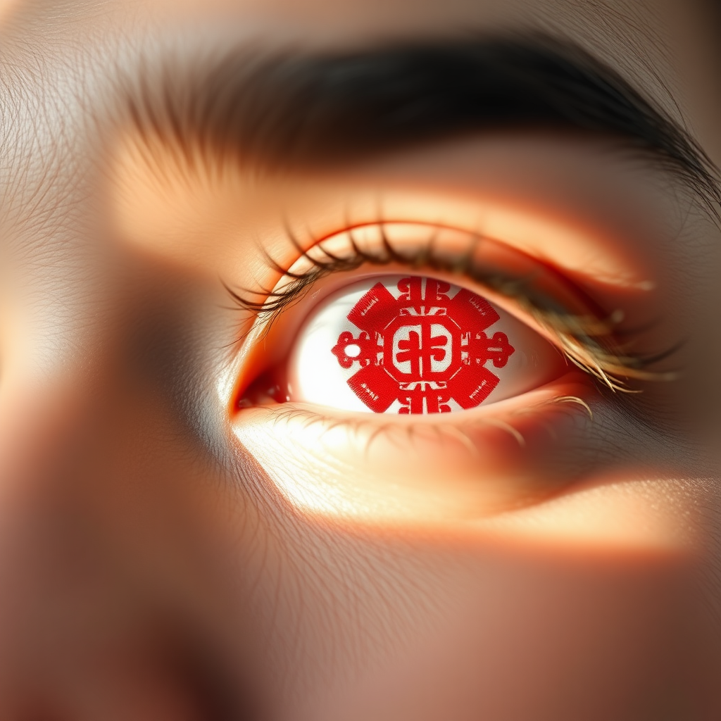 A close-up of eyes with lenses, the eye lens with traditional red and white design Chinese red white Design. The composition emphasizes the eyes and its design, with flash light, focused lights, looking up, 16k, photorealistic, very closeup, soft skin texture visible, daytime, photography taken by window side.