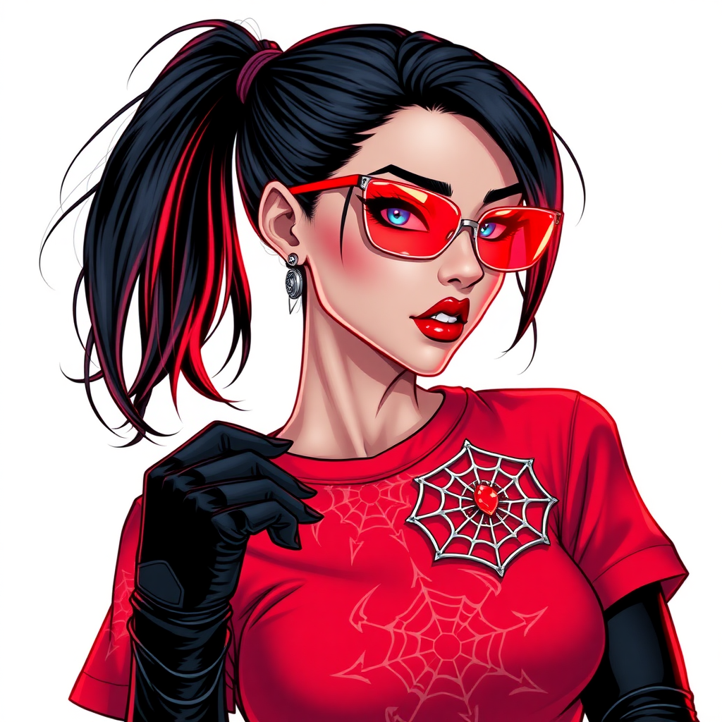 A 26-year-old mystical corporate hero hunter with a sleek black ponytail, maximum red lipstick, striking blue eyes, dressed in a maximum red t-shirt adorned with intricate neon red glowing web patterns, equipped with black biker gloves, and wearing glowing neon red-lensed shades and a mystical red gemstone amulet featuring an intricate web design that grants her the cunning and trickery of Anansi. She poses flirtatiously against a solid white background, exuding an aura of mystical power and intelligence. She is drawn as if she was in a retro 2D cyberpunk fighting game.