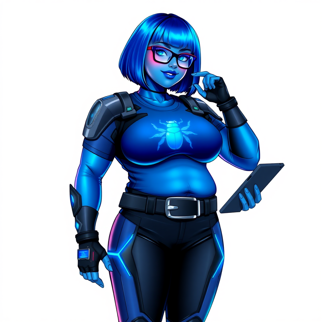 A 28-year-old, full-figured, metallic maximum blue (5PB 5/10) skinned computer program hybrid with a maximum blue bob cut. She has a non-athletic build, highlighted by a prominent, round, large midsection (with emphasis on her round belly), which shows the effects of her love of junk food acquired from her boyfriend. As the full-figured, nerdy, digital sidekick to her cyberpunk vigilante boyfriend, her metallic maximum blue skin and maximum blue lipstick (5PB 5/12) emphasize her digital nature. Her skin has a subtle, animated glow, with digital patterns occasionally flickering across it, making her digital nature obvious. She wears a digital, computerized superhero costume, consisting of a massive, tight-fitting, maximum blue t-shirt (5PB 5/12) with a neon blue glowing chest icon of a beetle, hi-tech shoulder pads with neon blue accents, a black hi-tech belt with a digital neon blue glowing buckle, digital maximum blue biker pants (5PB 5/12) with neon blue accents, and black hi-tech fingerless biker gloves with neon blue glowing accents. Her neon blue glowing eyes, black eyeglasses with neon blue glowing lenses equipped with a built-in HUD, and bashful smile with neon red blush accentuate her nerdiness.

She stands with a shy, slightly hunched posture, one hand nervously adjusting her glasses while the other clutches a digital tablet close to her chest. Her pose reflects her intellectual curiosity and slight social awkwardness, much like Sci-Twi. Her costume covers all her skin and emphasizes her full-figured physique (especially her round belly). Despite her build, she radiates beauty. She has a slim face compared to her physique, accentuating her radiant beauty. She is on a solid white background. She is drawn as if she were in a retro 2D cyberpunk fighting game.